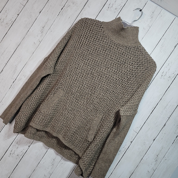 Ann Taylor LOFT Beige Cotton Blend Crochet Turtleneck Sweater Pocket Size Small. - Picture 2 of 8